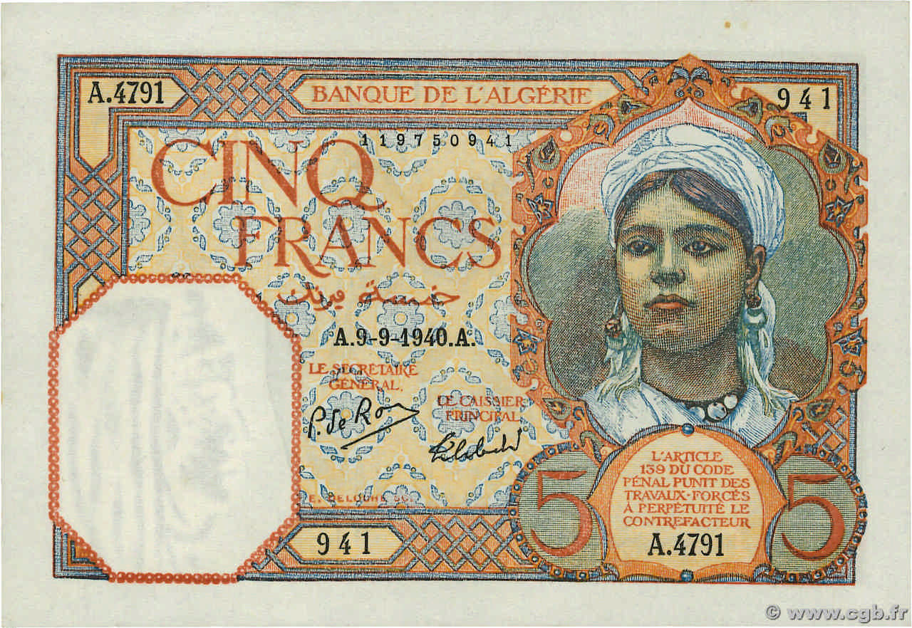 5 Francs ALGERIA  1940 P.077a AU+