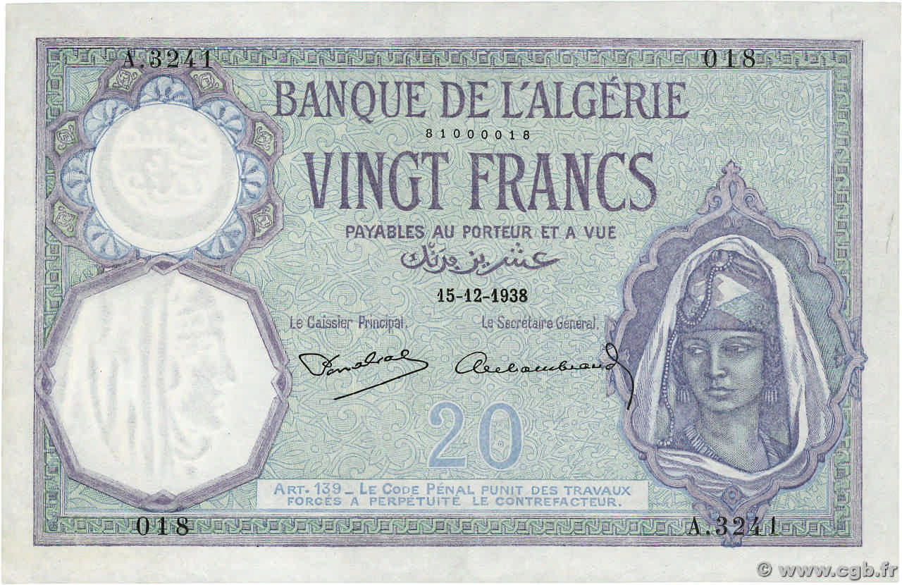 20 Francs Numéro radar ARGELIA  1941 P.078c MBC+