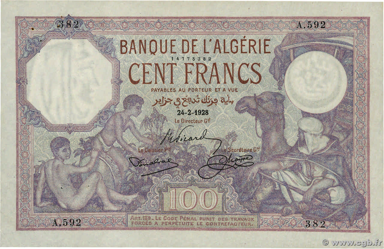 100 Francs ALGÉRIE  1928 P.081b SUP