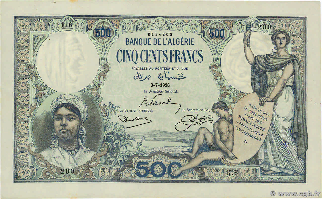 500 Francs ALGERIEN  1926 P.082 fVZ