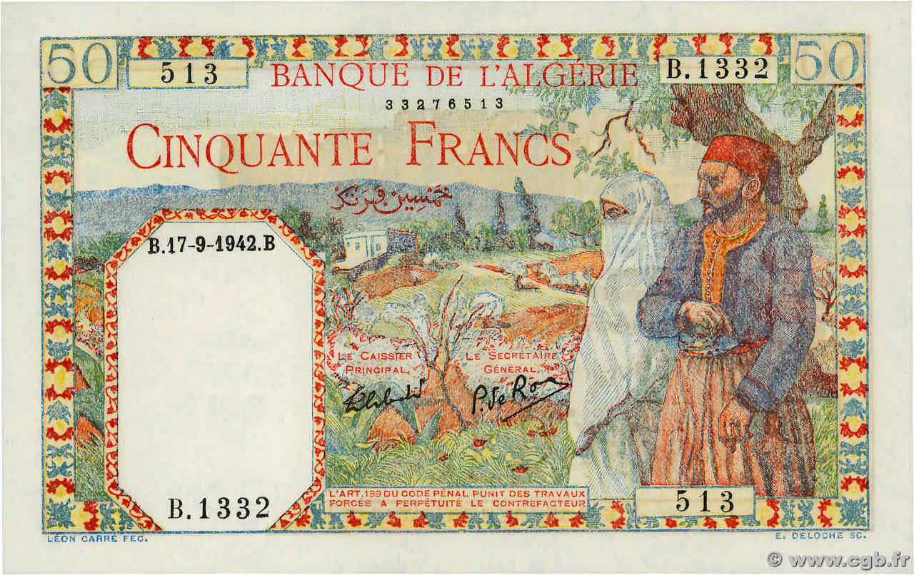 50 Francs ALGERIA  1942 P.087 UNC-
