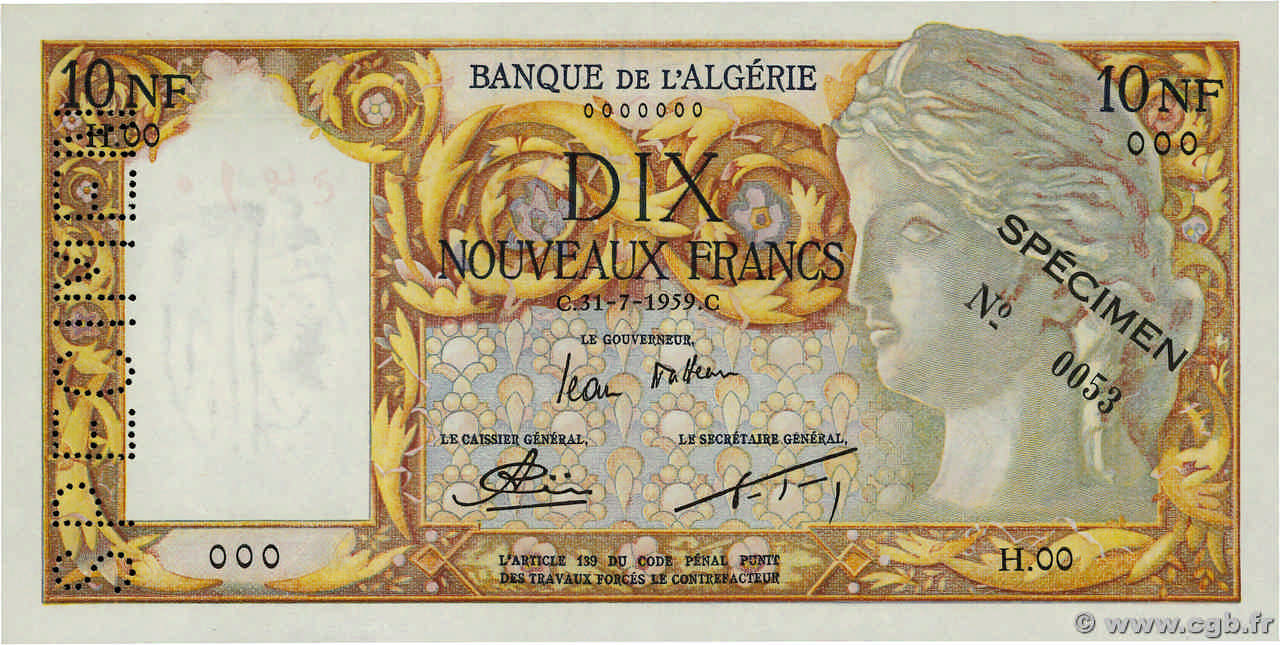10 Nouveaux Francs Spécimen ALGÉRIE  1959 P.119s NEUF