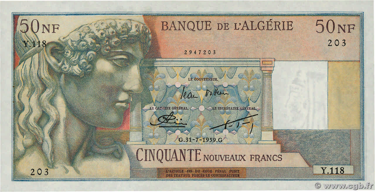 50 Nouveaux Francs ALGERIA  1959 P.120a XF