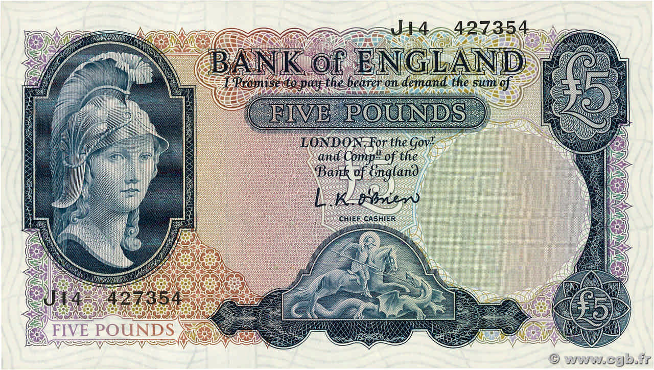 5 Pounds ENGLAND  1961 P.372a fST+