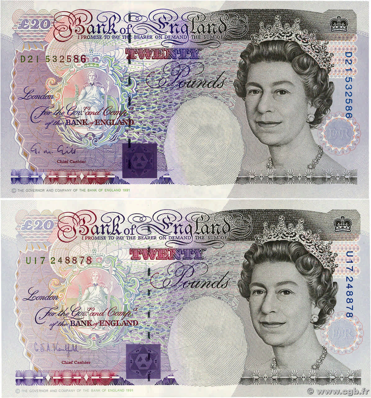 20 Pounds Lot INGLATERRA  1991 P.384a/b SC+