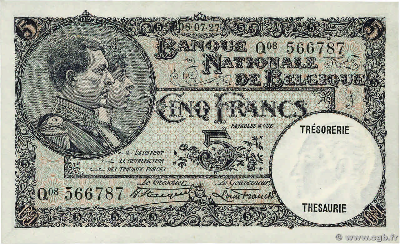 5 Francs BELGIUM  1927 P.097b AU