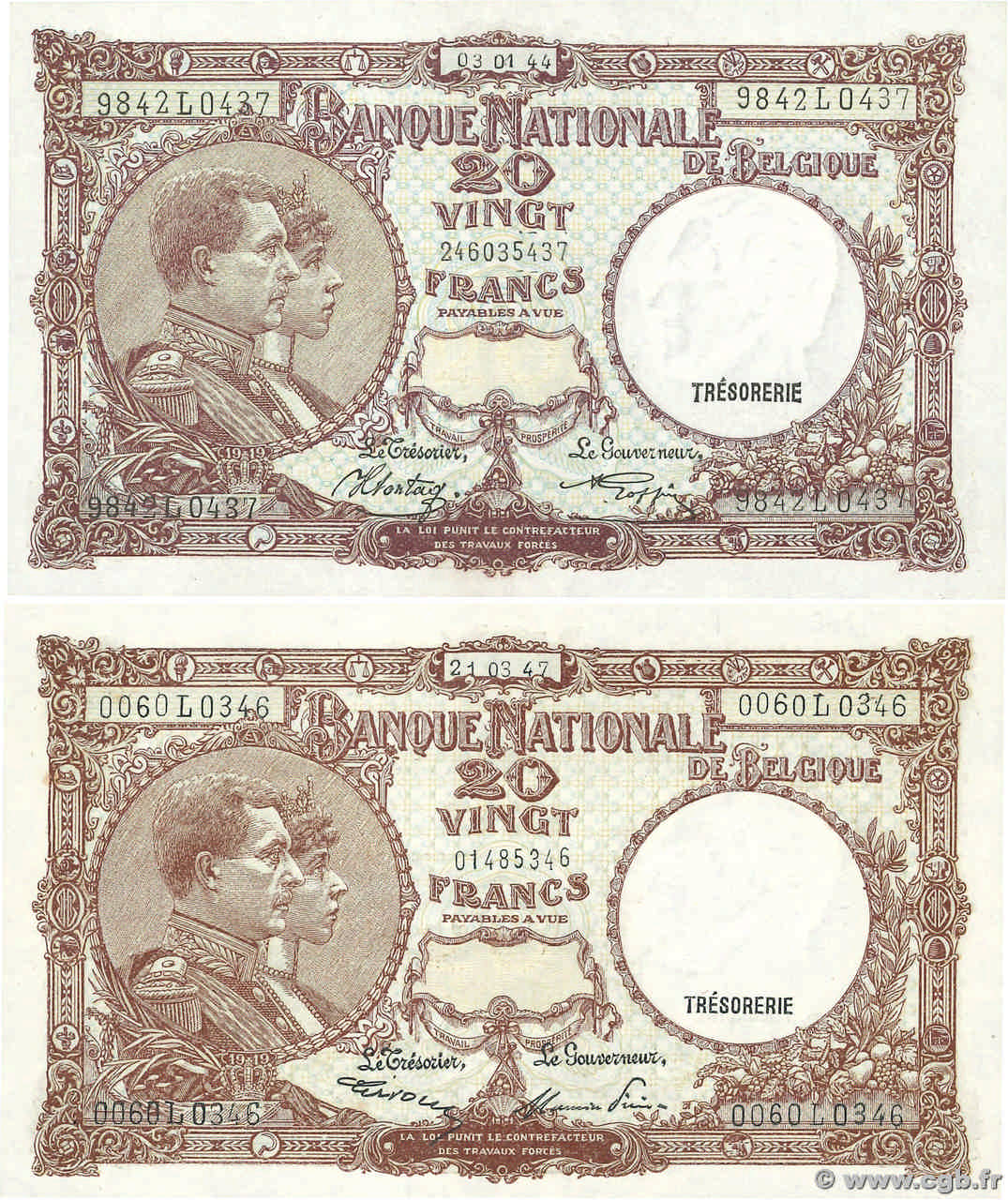 20 Francs BELGIUM  1944 P.111 AU