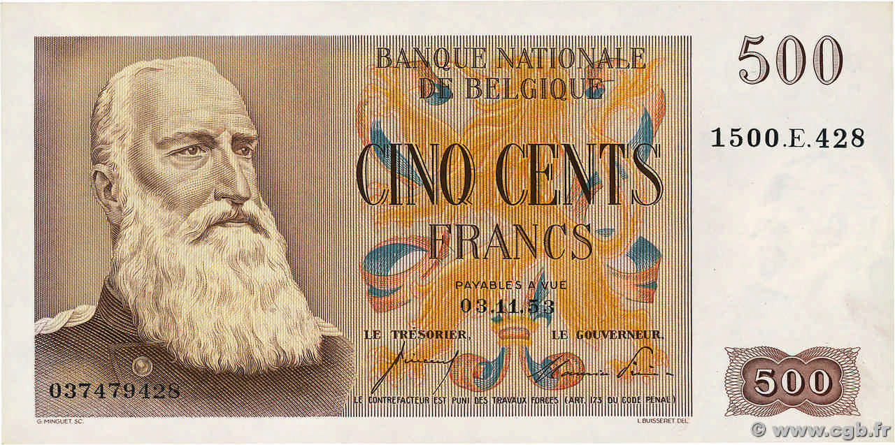 500 Francs BELGIEN  1953 P.130a fST+