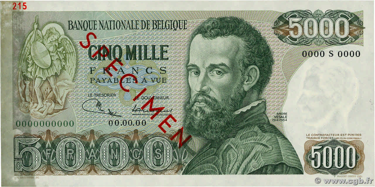 5000 Francs Spécimen BELGIQUE  1971 P.137s SPL