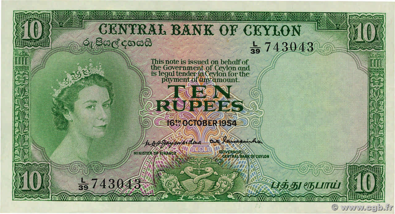 10 Rupees CEYLON  1954 P.055 UNC-