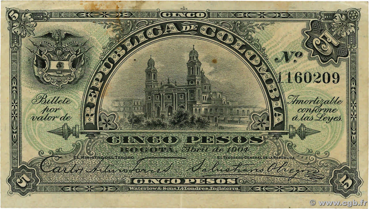 5 Pesos COLOMBIA  1904 P.311 VF