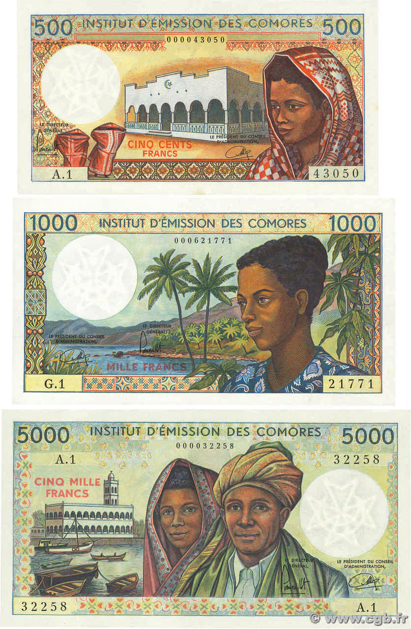 500, 1000 et 5000 Francs Lot COMOROS  1976 P.07a, P.08a et P.09a AU