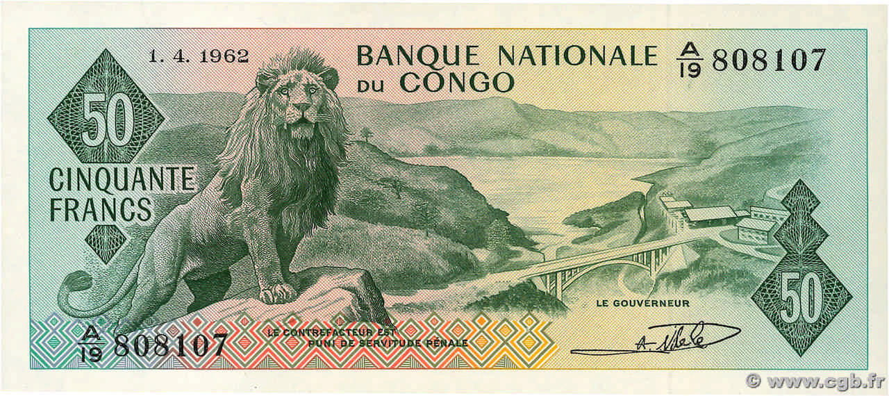 50 Francs REPUBBLICA DEMOCRATICA DEL CONGO  1962 P.005a q.FDC