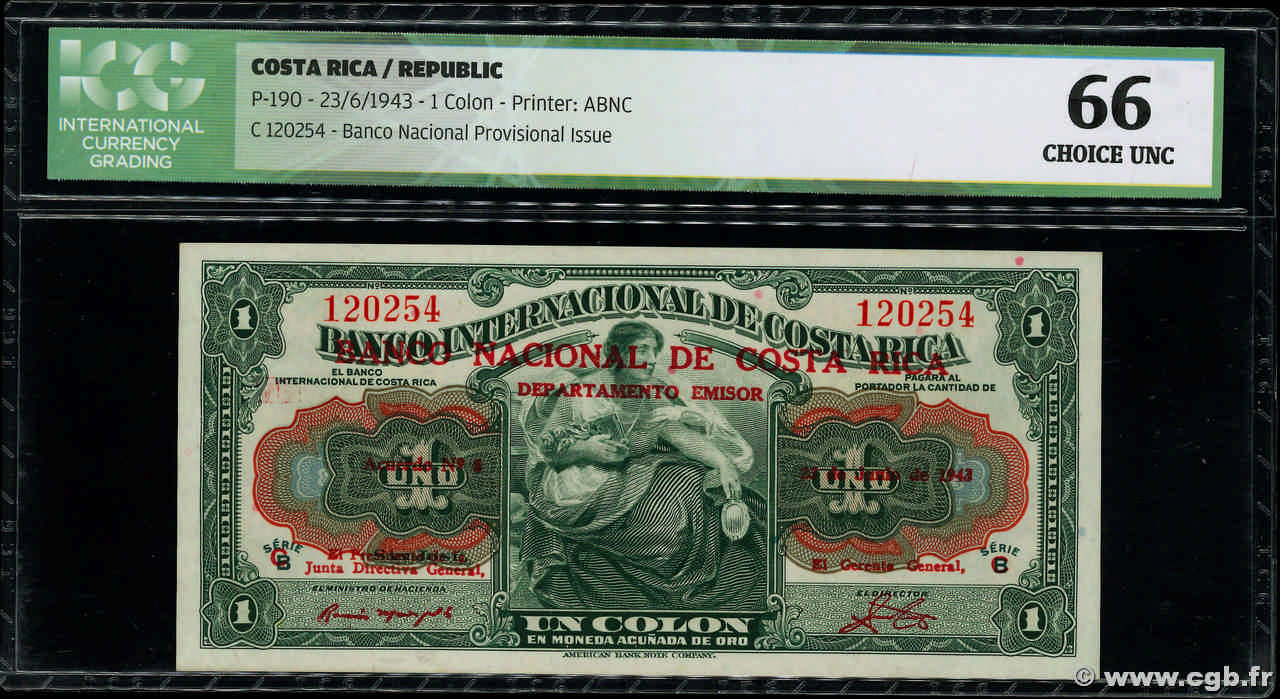 1 Colon COSTA RICA  1943 P.190 UNC