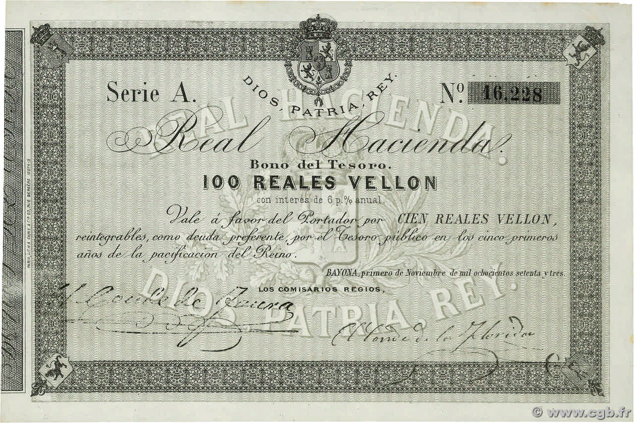 100 Reales Vellon ESPAGNE  1873 P.- pr.NEUF