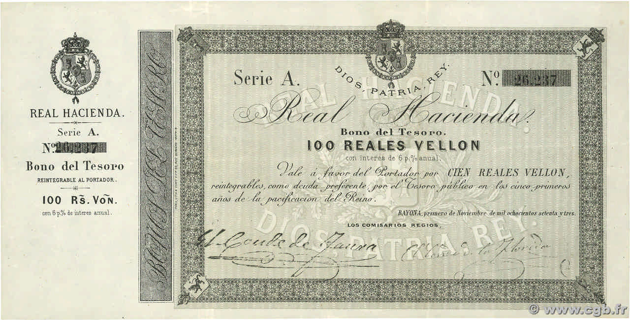 100 Reales Vellon ESPAGNE Bayona 1873 P.- TTB