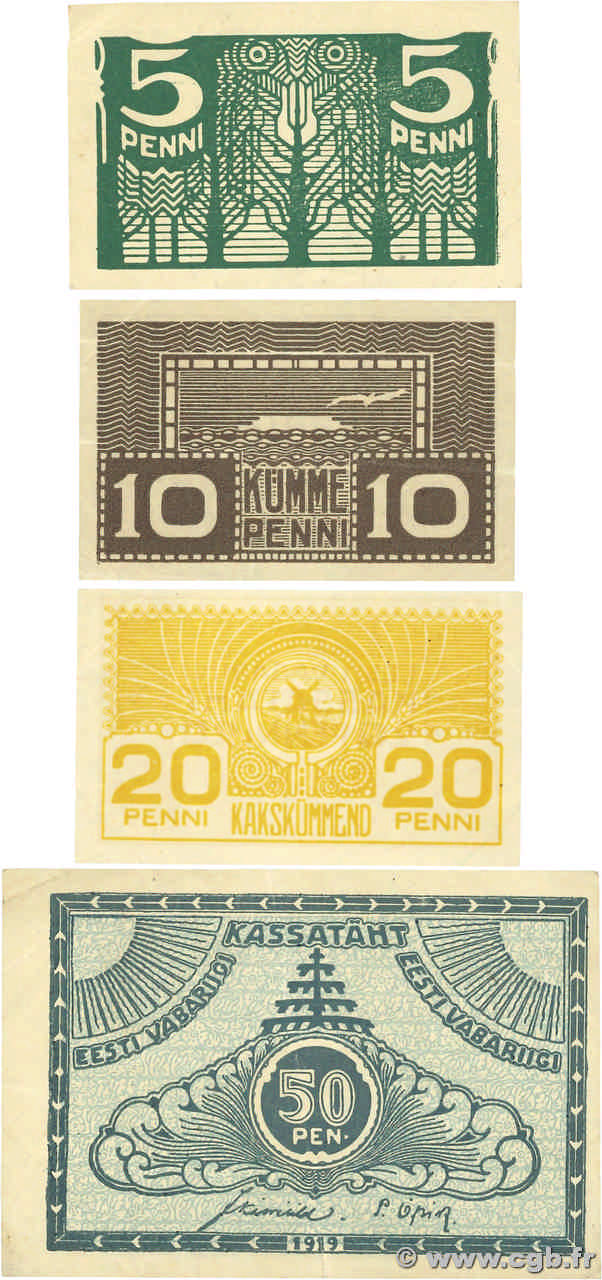 5, 10, 20 et 50 Penni Lot ESTLAND  1919 P.39 à 42 fVZ