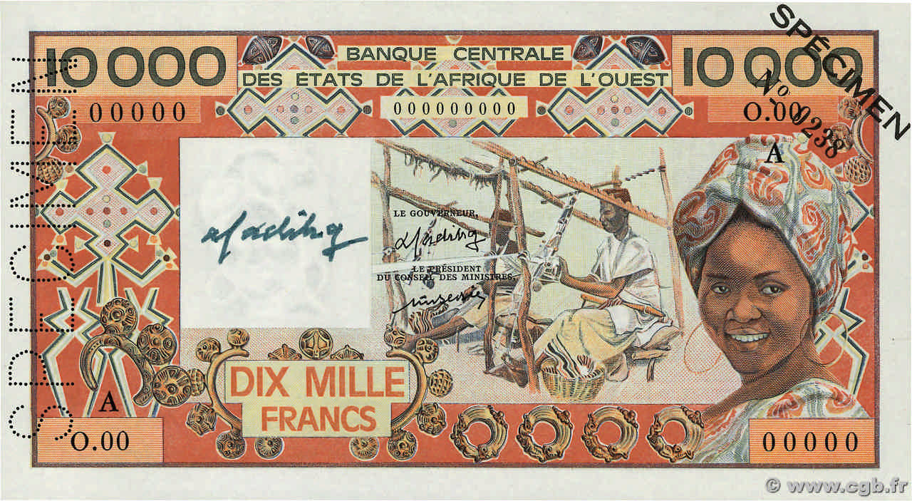 10000 Francs Spécimen ESTADOS DEL OESTE AFRICANO  1977 P.109Aas SC+