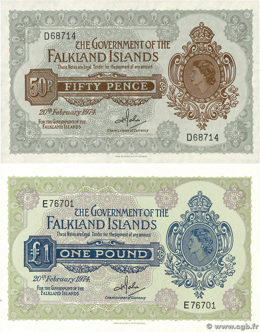 50 Pence et 1 Pound Lot ISLAS MALVINAS  1974 P.08b et P.10b SC+