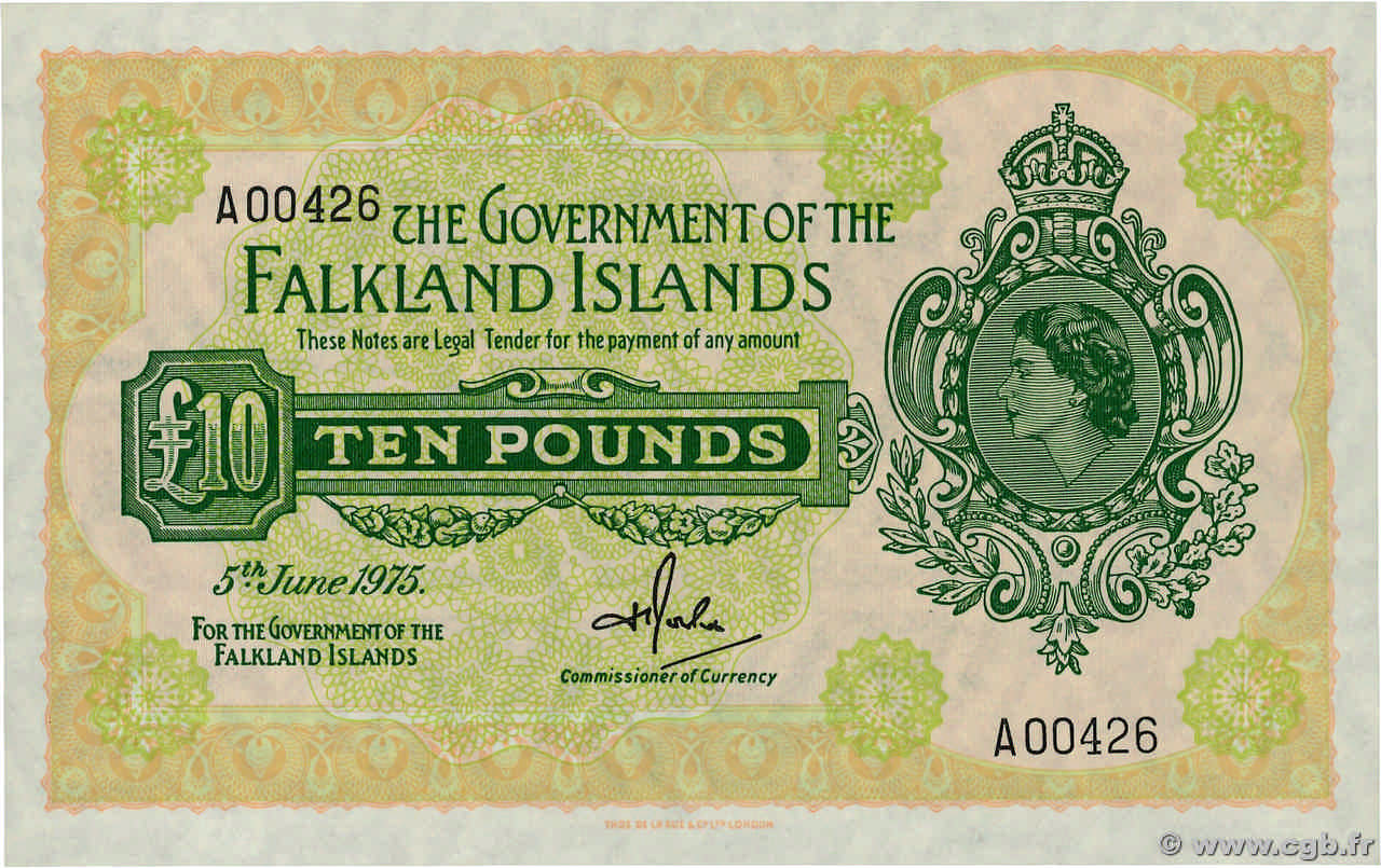 10 Pounds Petit numéro ISOLE FALKLAND  1975 P.11a FDC