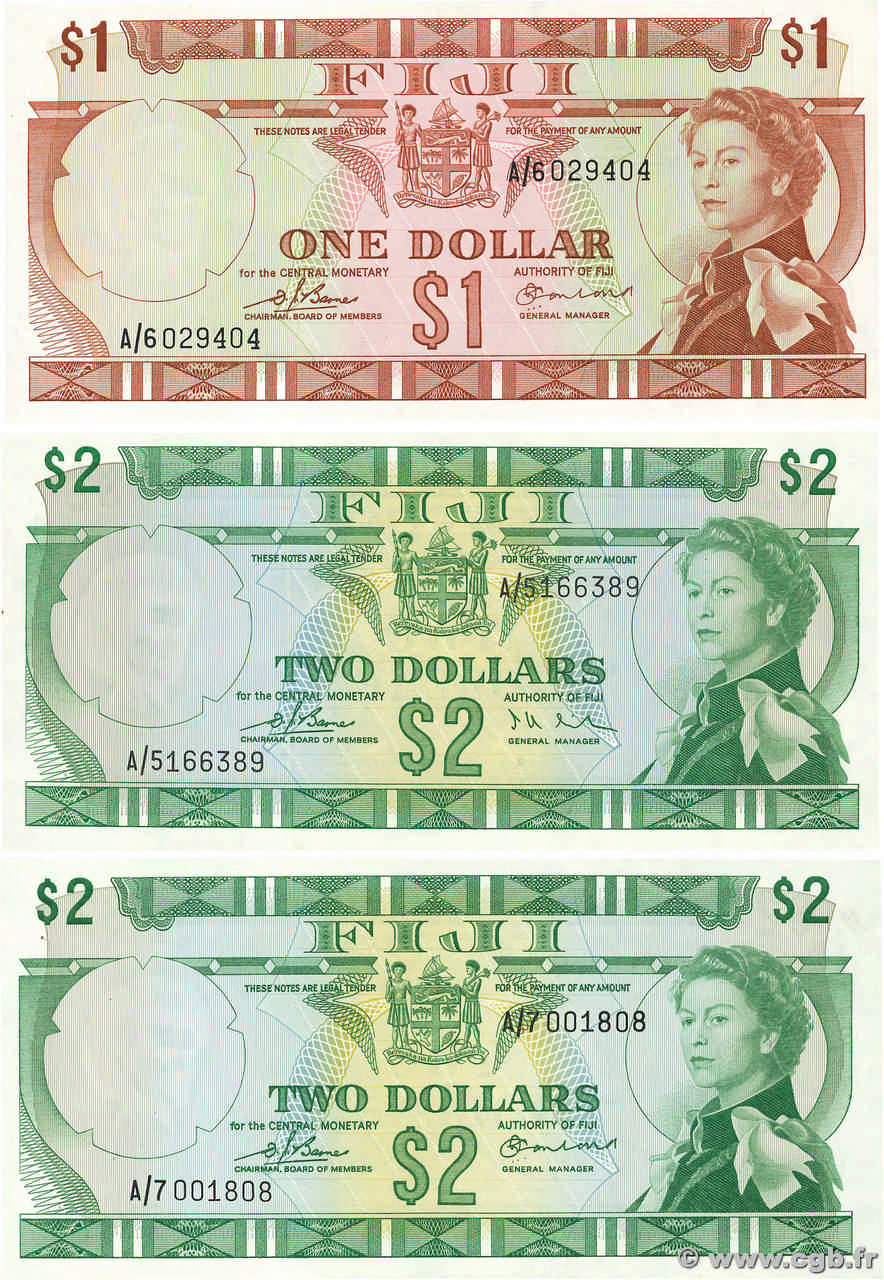 1 et 2 Dollars Lot FIJI  1974 P.071b et P.072a/b UNC-