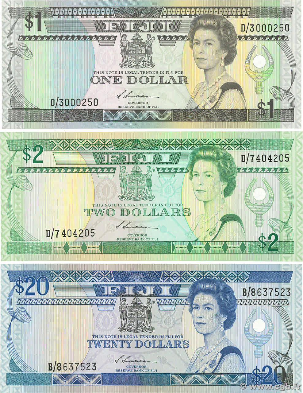 1, 2 et 20 Dollars Lot FIJI  1988 P.086a au P.088a AU+