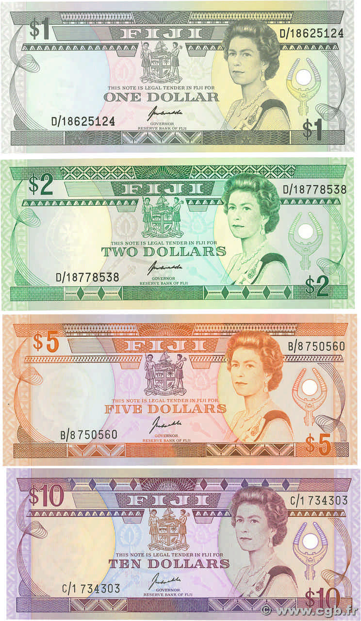 1 au 10 Dollars Lot FIDJI  1989 P.089a au P.092a pr.NEUF