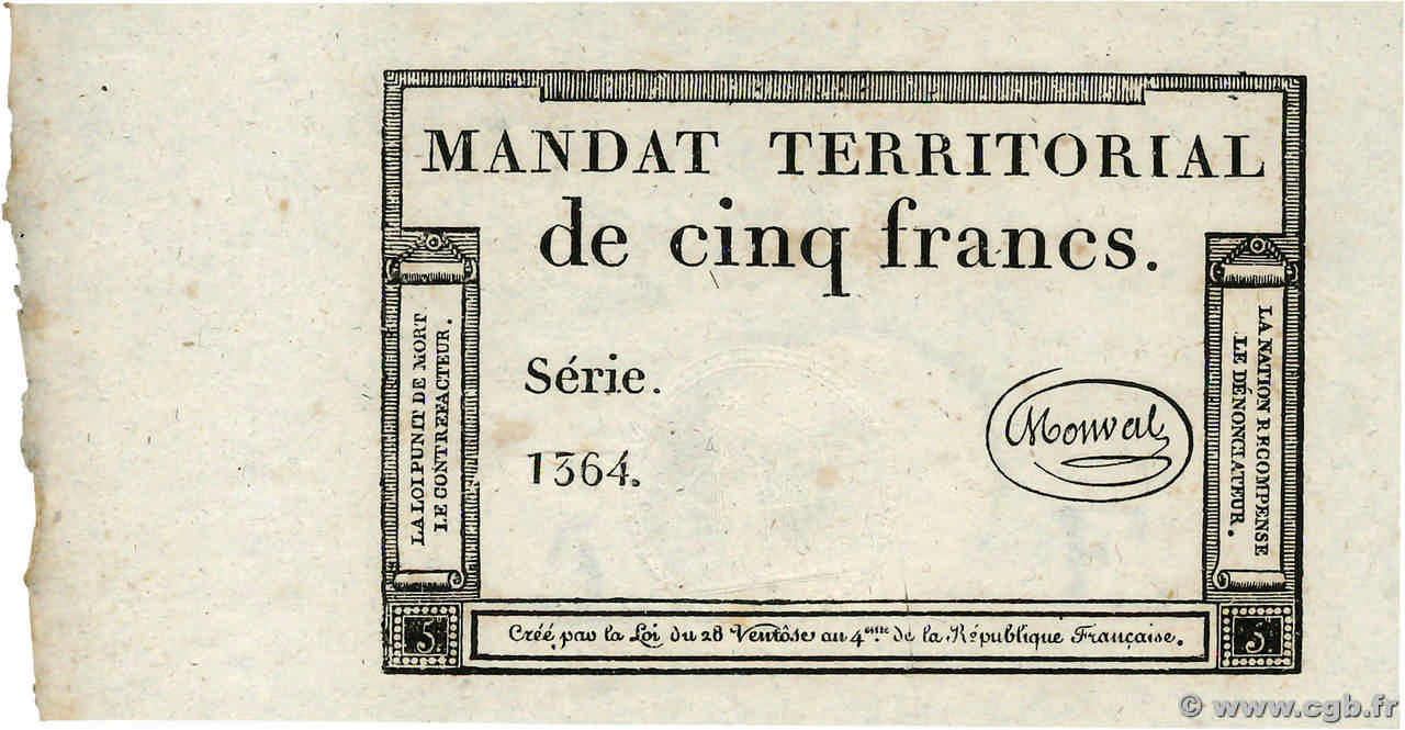 5 Francs Monval sans cachet FRANKREICH  1796 Ass.63a fST