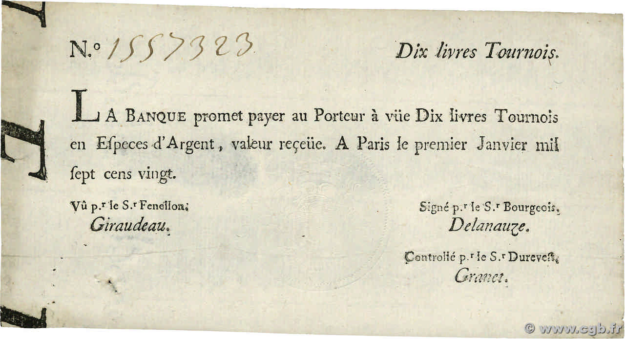 10 Livres Tournois typographié FRANCIA  1720 Dor.21 q.BB
