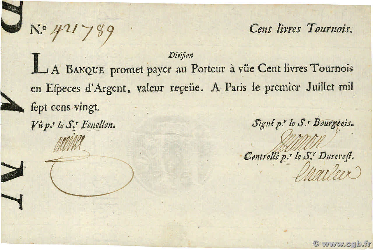 100 Livres Tournois typographié FRANCE  1720 Dor.27 SUP+