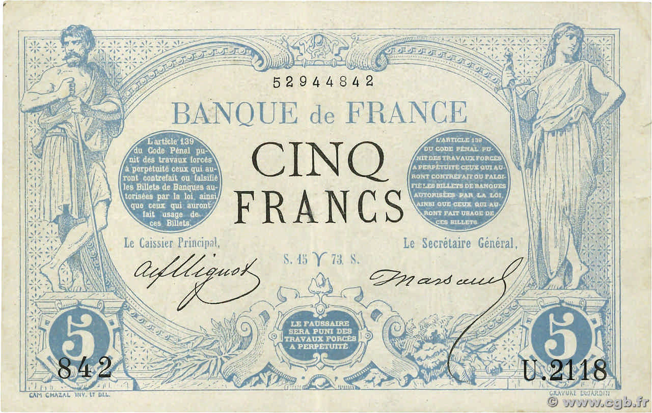 5 Francs NOIR FRANCIA  1873 F.01.16 MBC
