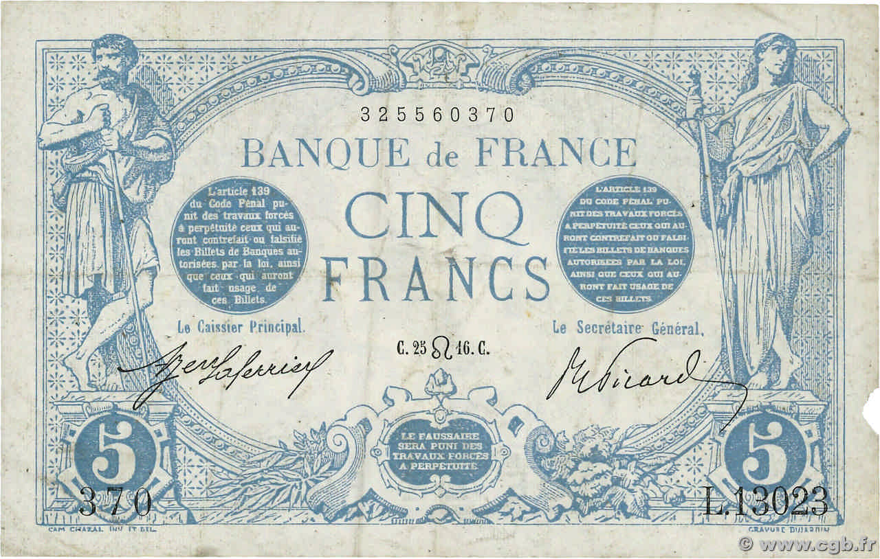 5 Francs BLEU FRANCIA  1916 F.02.41 BC+