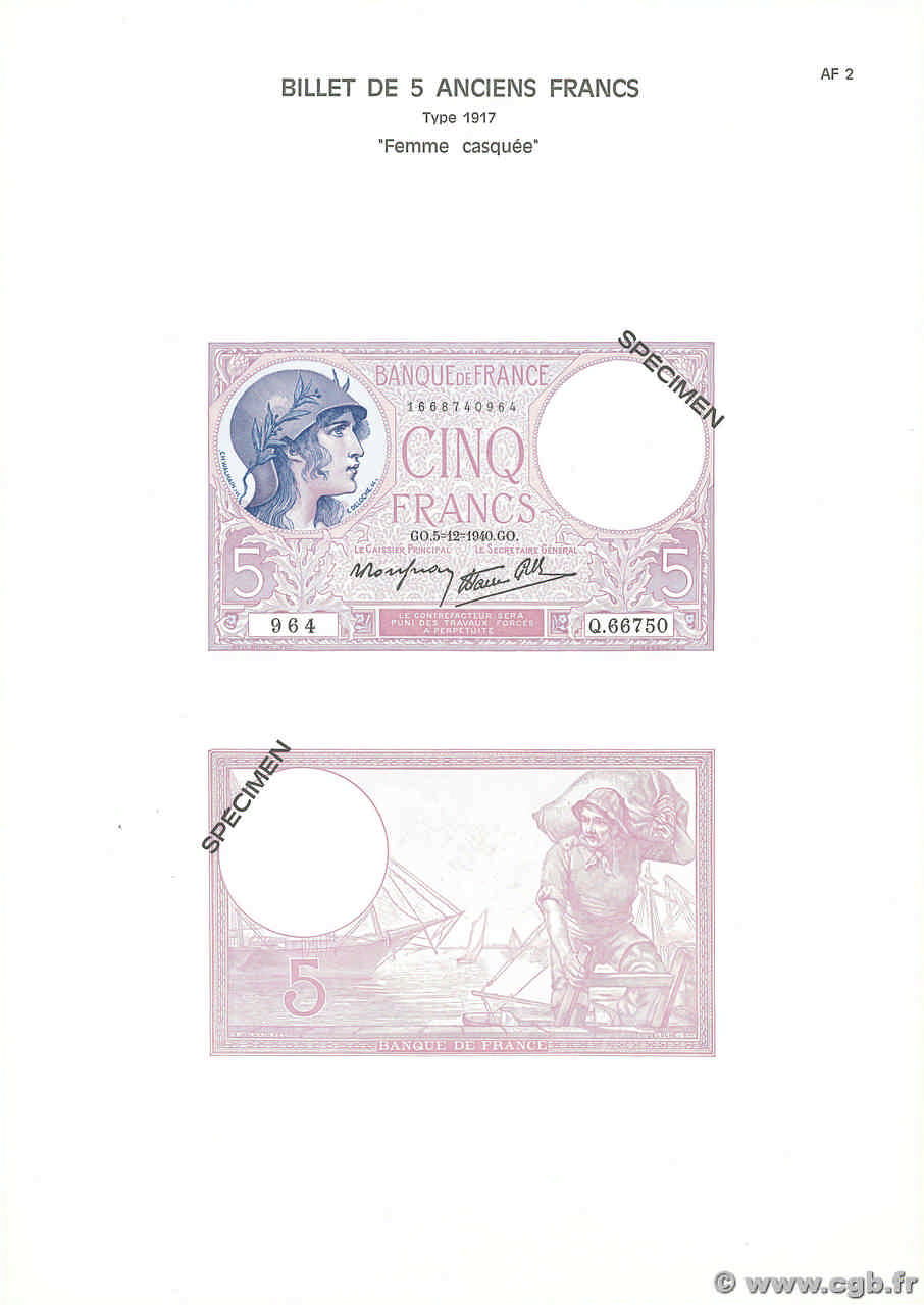 5 Francs FEMME CASQUÉE modifié Planche FRANCE  1940 F.04pl UNC