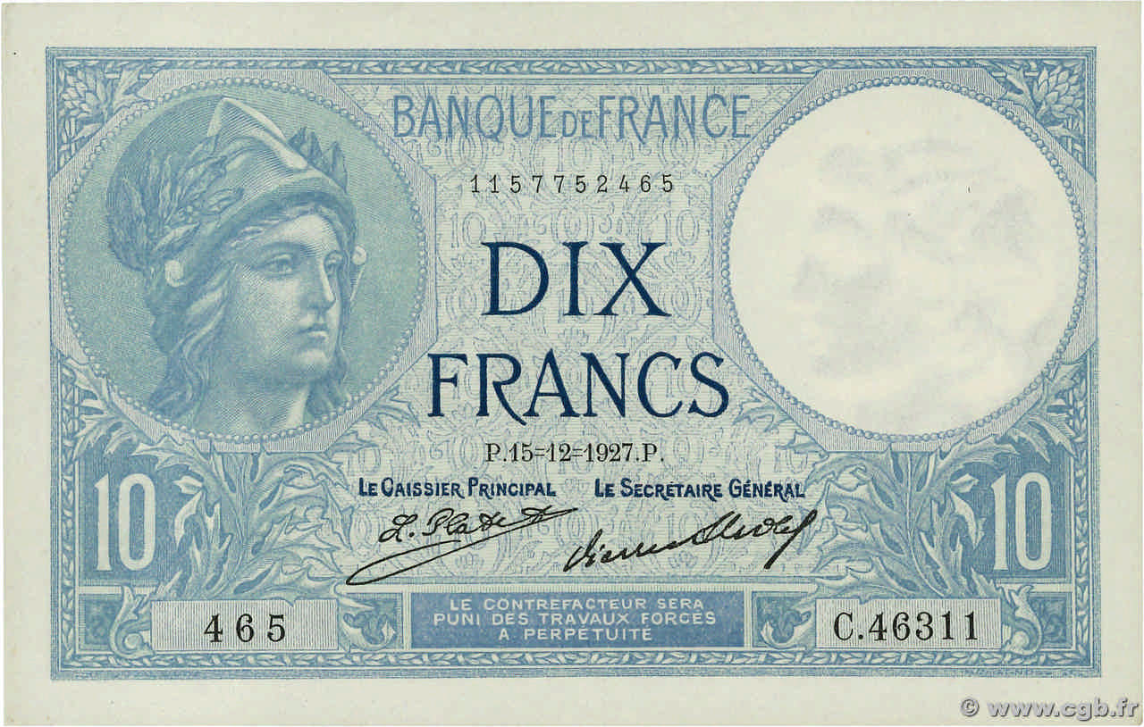10 Francs MINERVE FRANCE  1927 F.06.12 UNC