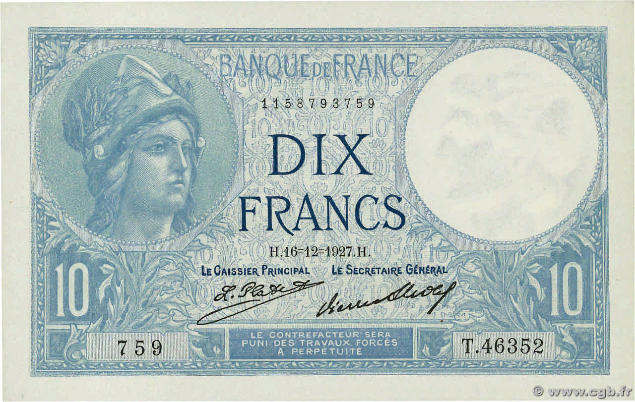 10 Francs MINERVE FRANCIA  1927 F.06.12 FDC