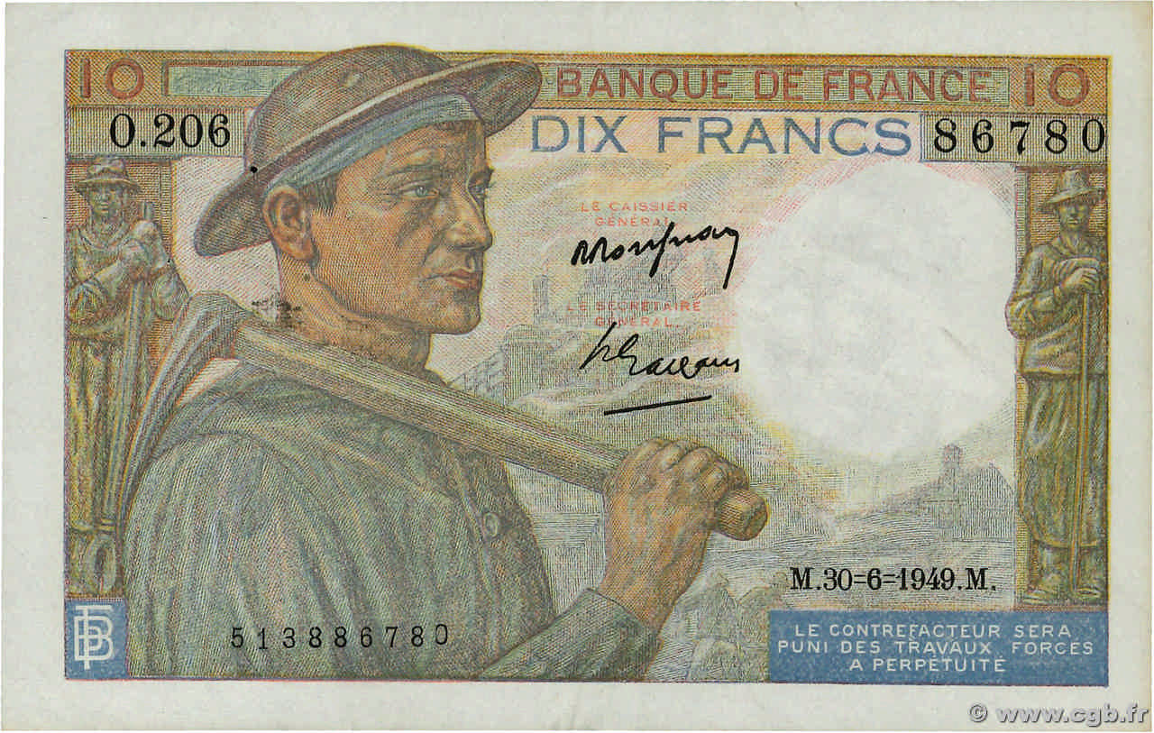 10 Francs MINEUR FRANKREICH  1949 F.08.22a VZ