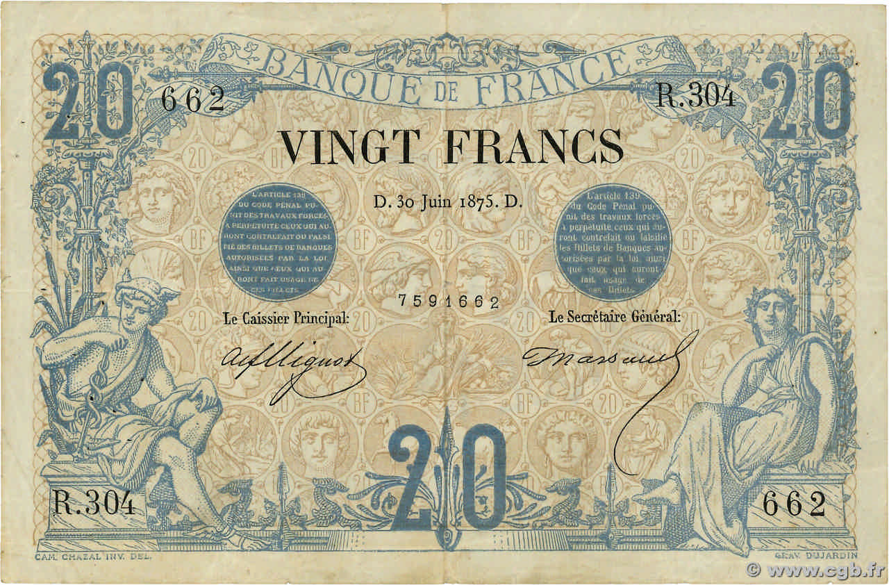 20 Francs NOIR FRANCE  1875 F.09.02 VF-