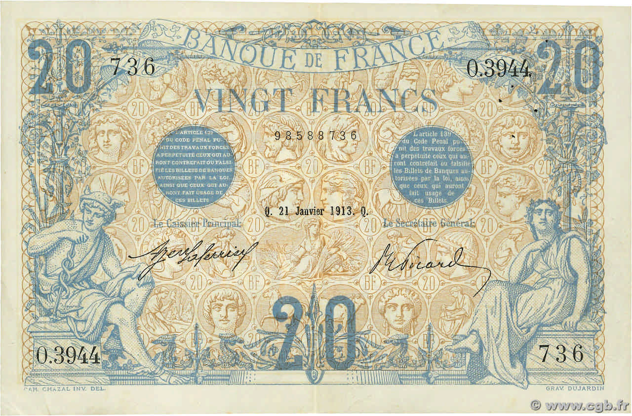 20 Francs BLEU FRANCE  1913 F.10.03 XF-