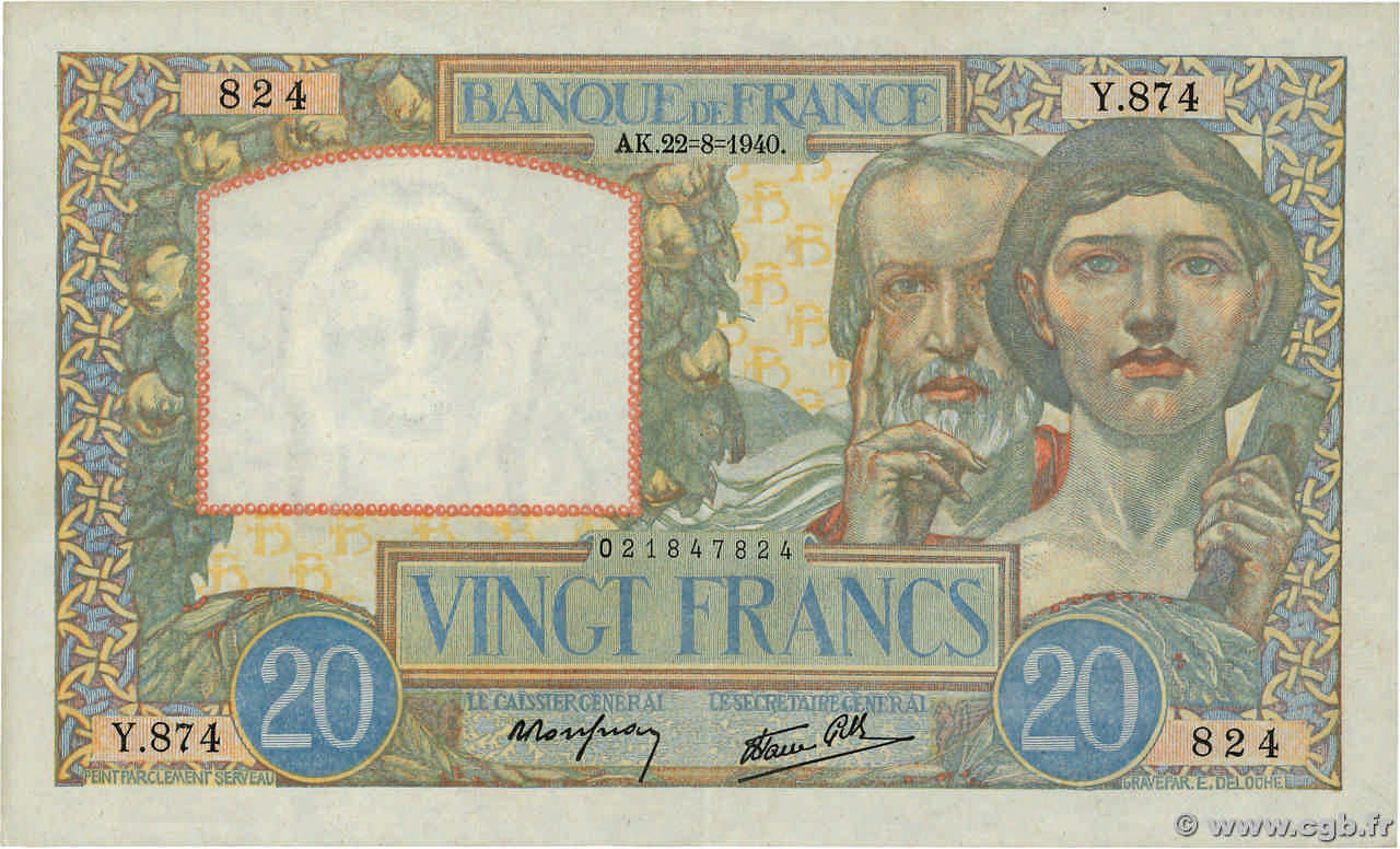 20 Francs TRAVAIL ET SCIENCE FRANCIA  1940 F.12.06 EBC