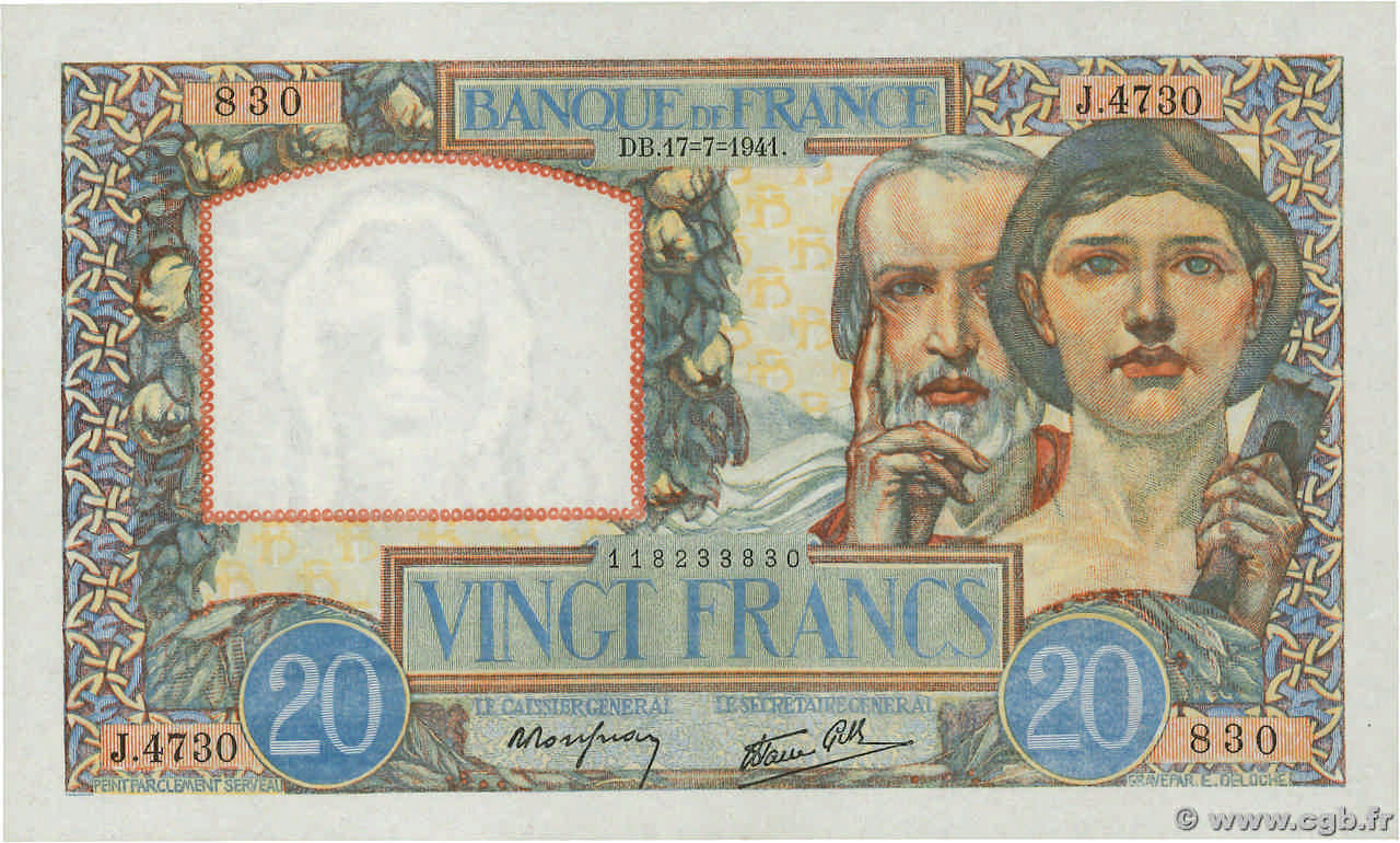 20 Francs TRAVAIL ET SCIENCE FRANCIA  1941 F.12.16 FDC