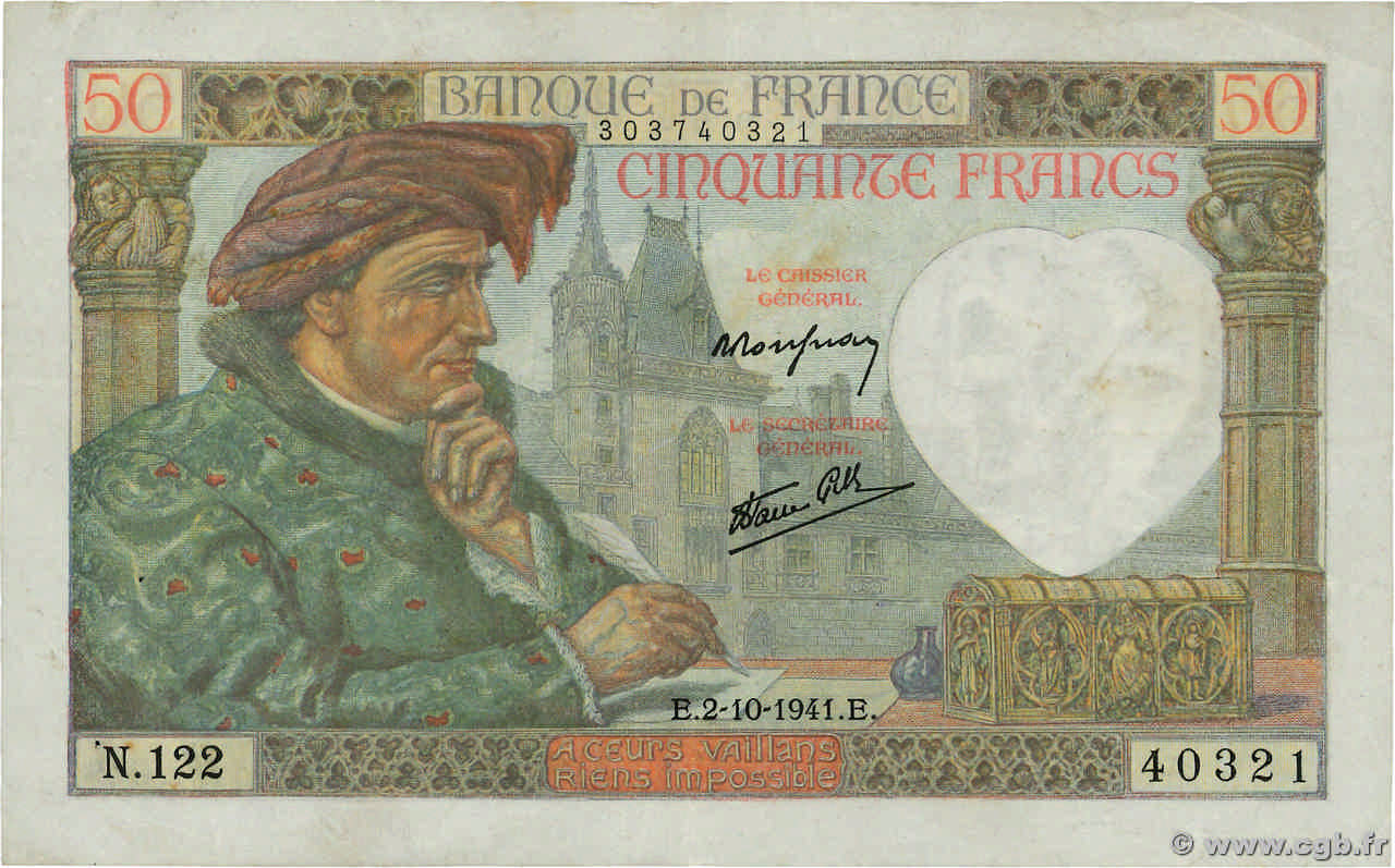 50 Francs JACQUES CŒUR FRANCIA  1941 F.19.15 MBC