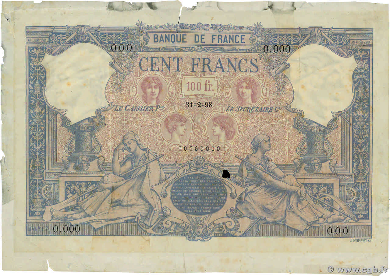 100 Francs BLEU ET ROSE Spécimen FRANCE  1898 F.21.00Ec2 VF