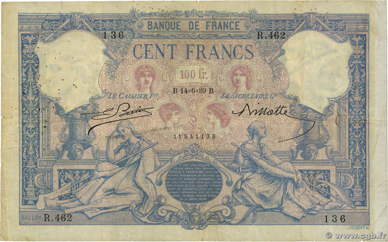 100 Francs BLEU ET ROSE FRANCE  1889 F.21.02a TB