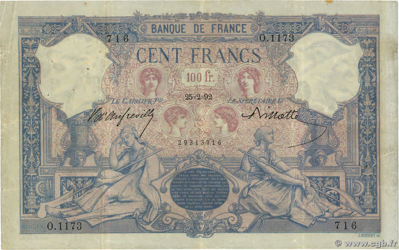 100 Francs BLEU ET ROSE FRANCIA  1892 F.21.05 MBC