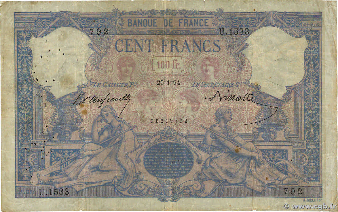 100 Francs BLEU ET ROSE FRANCE  1894 F.21.07 TB