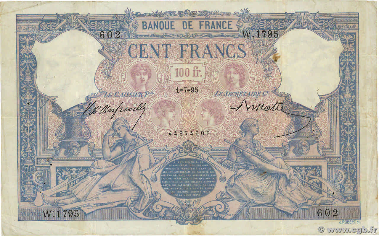 100 Francs BLEU ET ROSE FRANCIA  1895 F.21.08 MBC