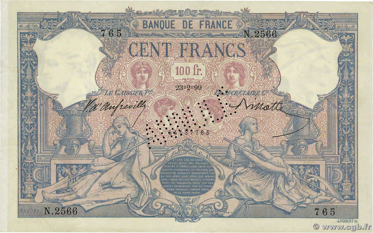 100 Francs BLEU ET ROSE Annulé FRANCE  1899 F.21.12 VF+