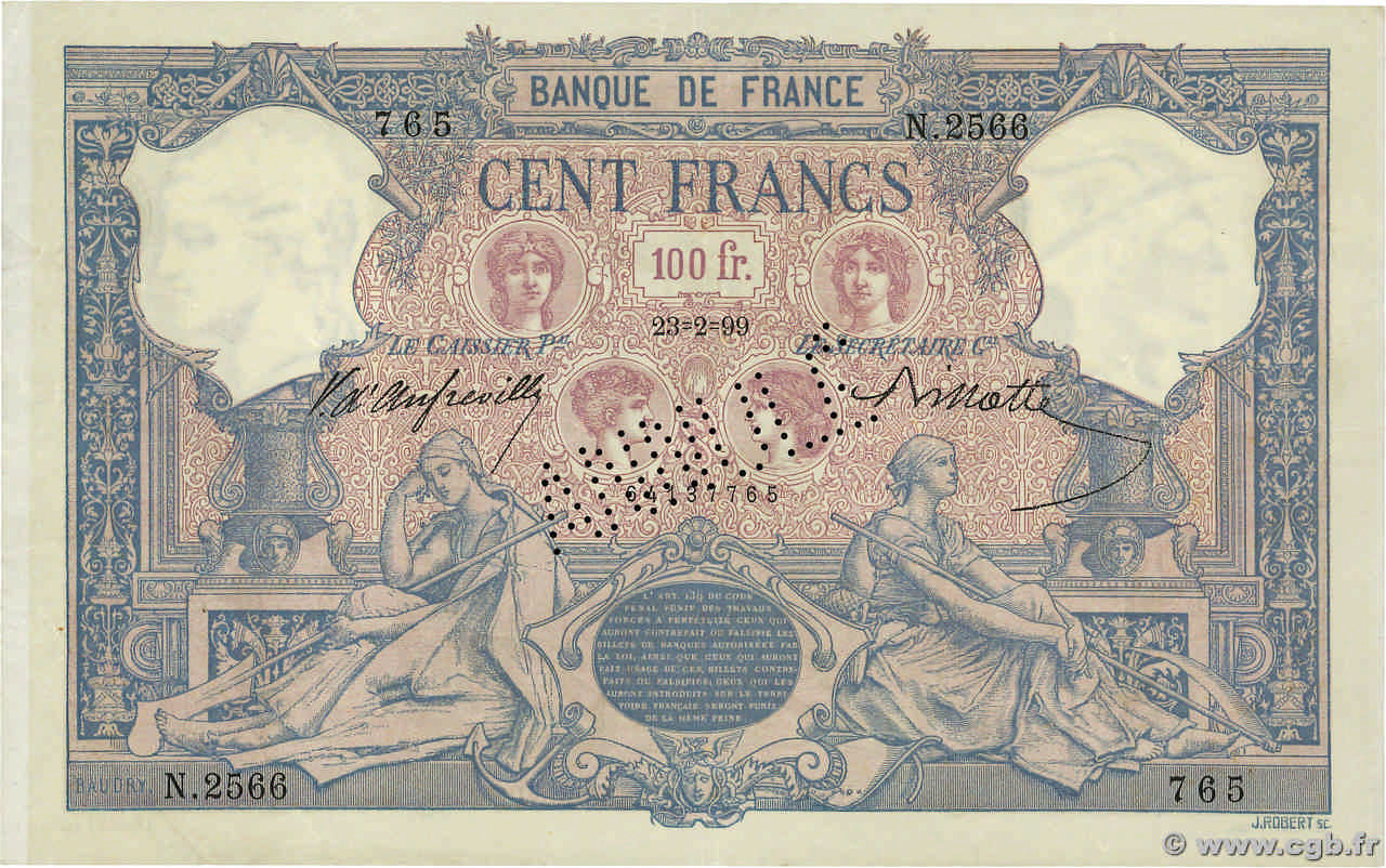 100 Francs BLEU ET ROSE Annulé FRANCE  1899 F.21.12 TTB+