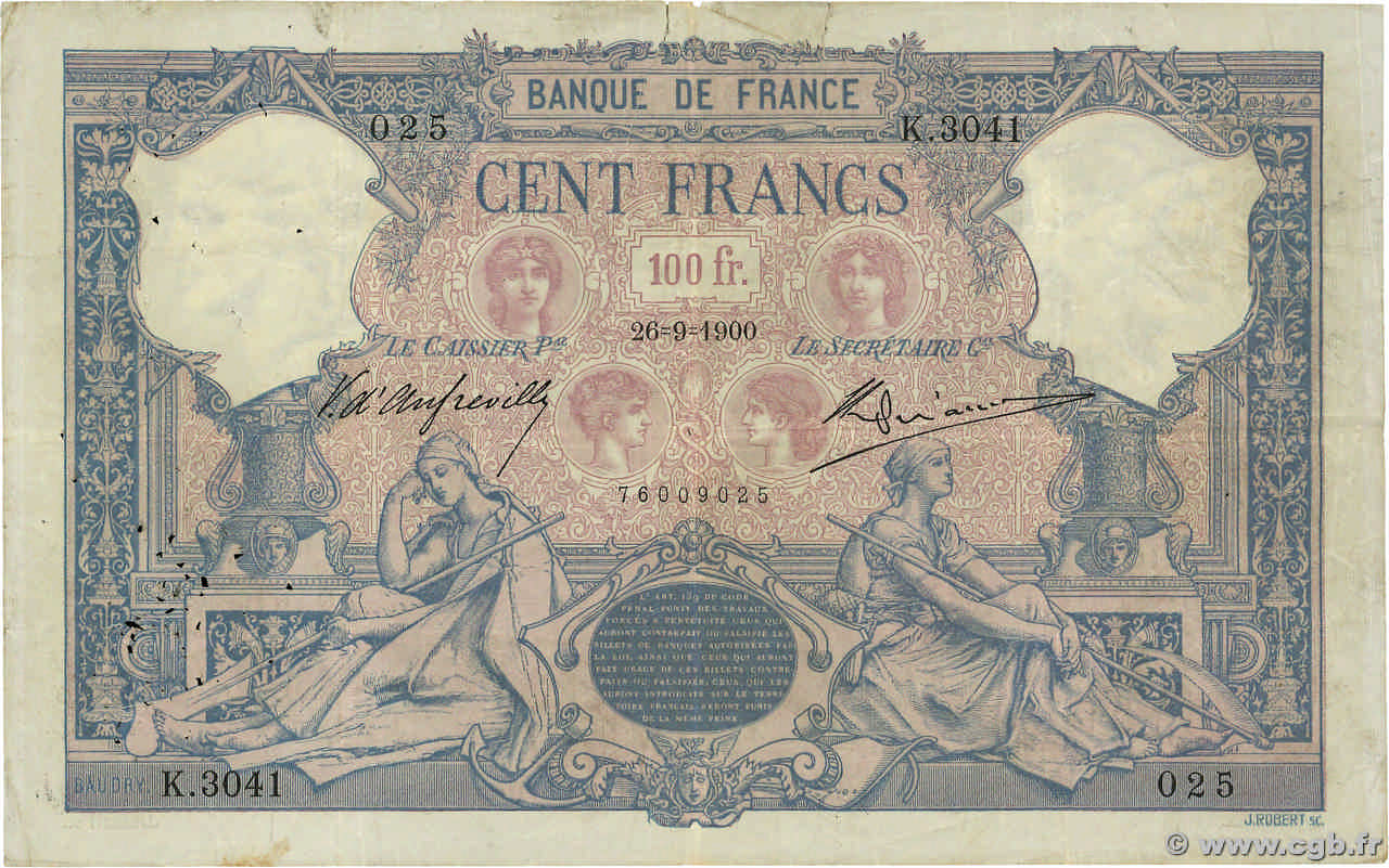 100 Francs BLEU ET ROSE FRANCIA  1900 F.21.14 BC