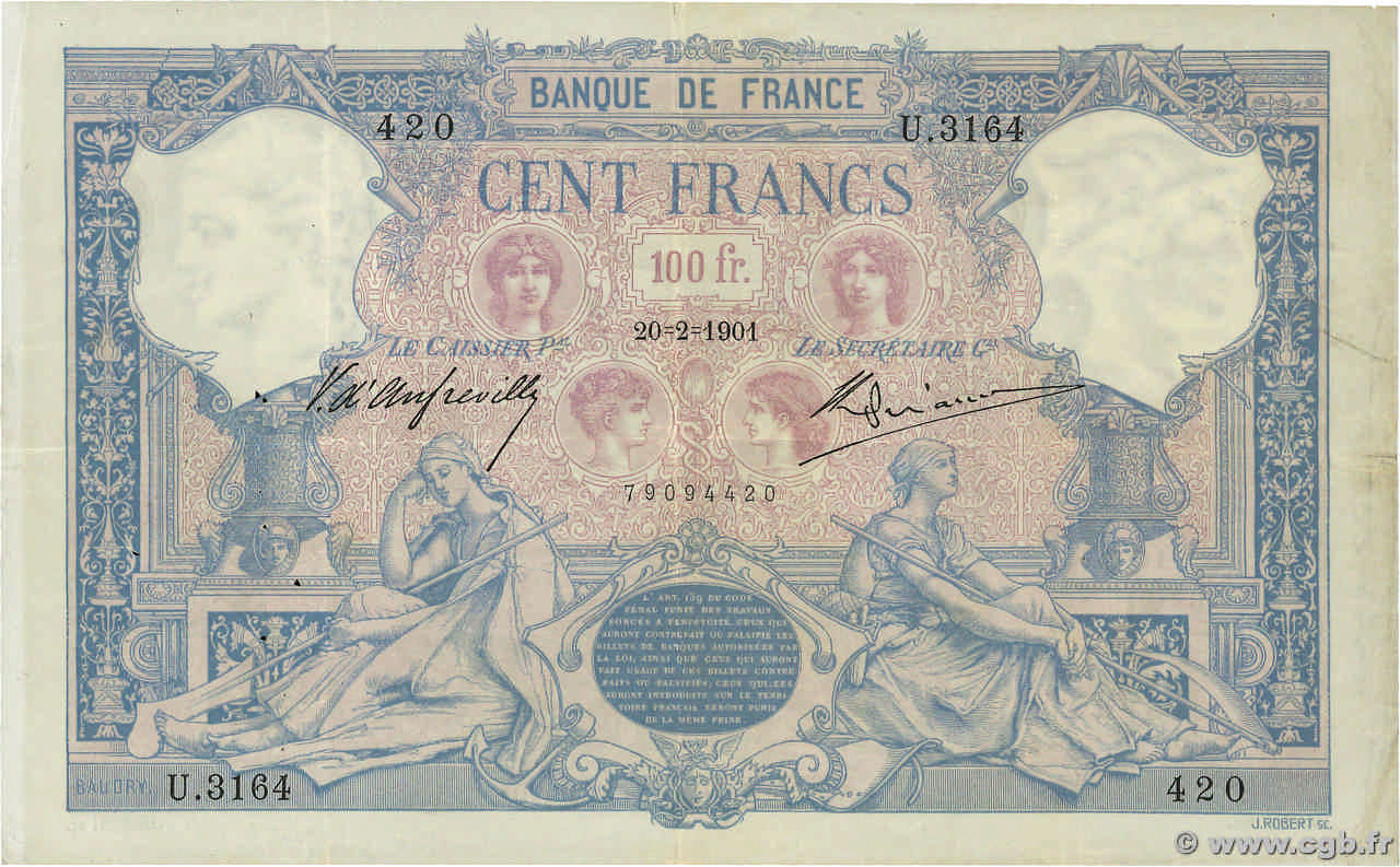 100 Francs BLEU ET ROSE FRANCE  1901 F.21.15 TTB